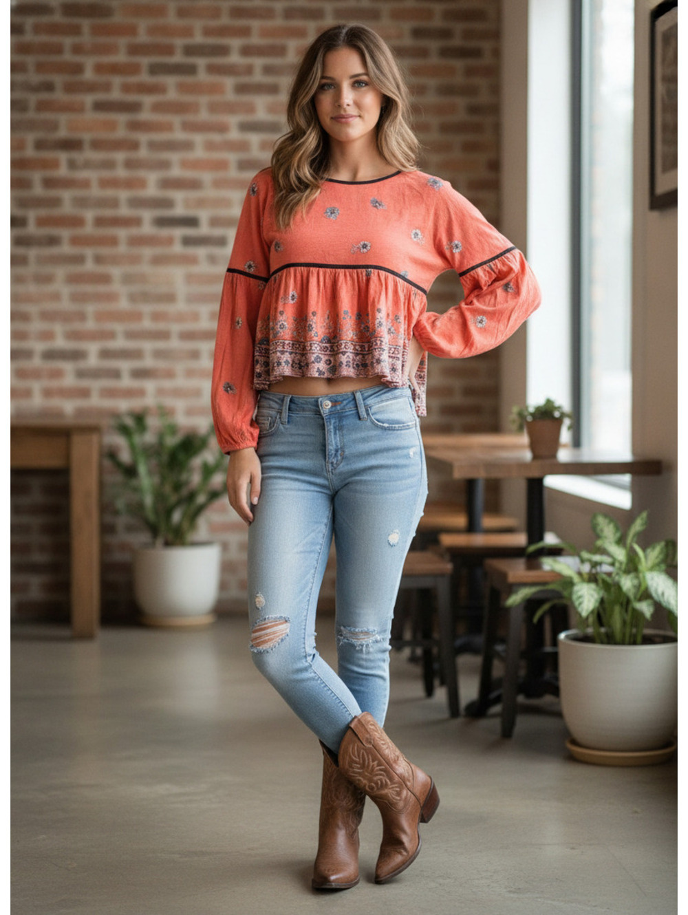 1556 - Lucky Brand Women's Long Sleeve Boho Peplum Top Coral Floral - Size Small